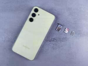 Flatlay of Smartphone with SIM and Memory Cards