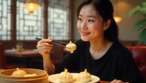 an asian woman eating the best halal dim sum in ipoh