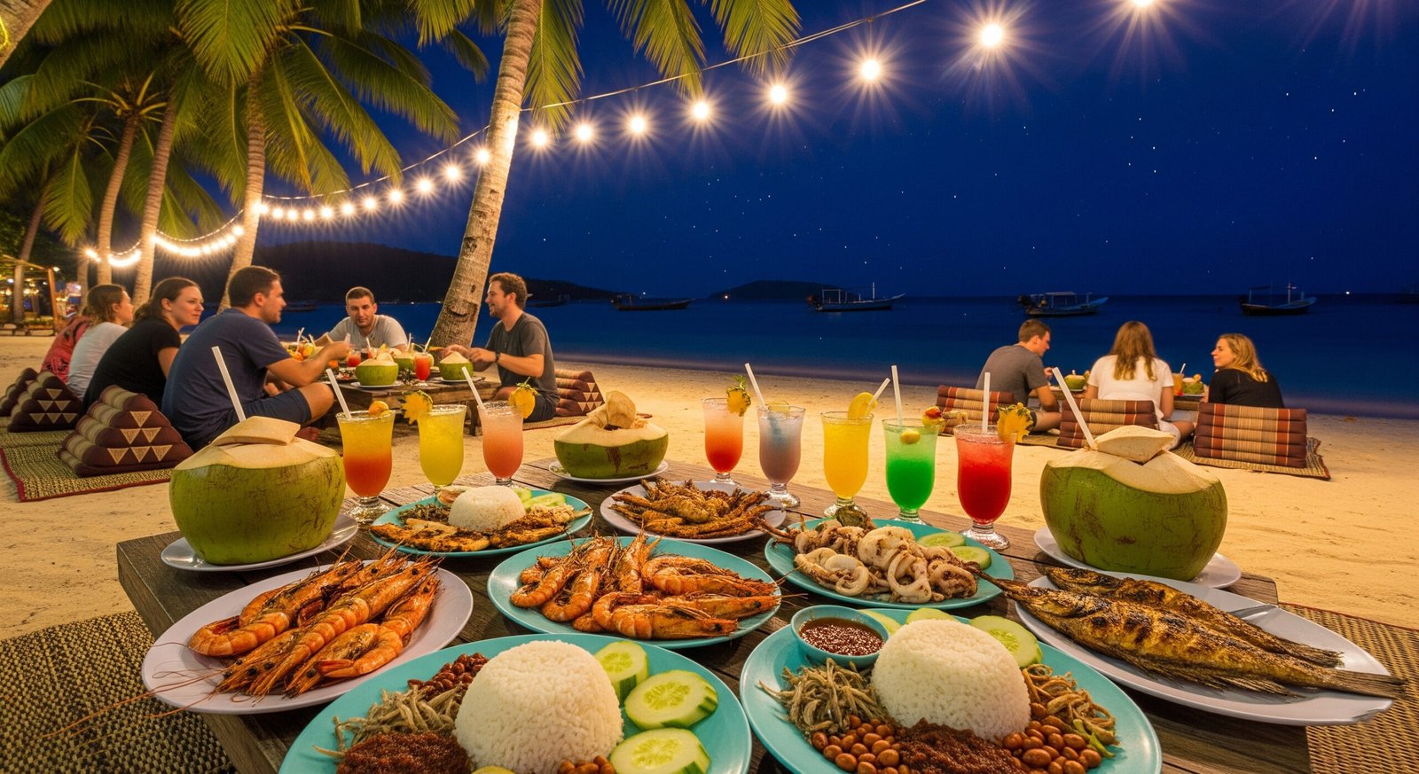 Beach dining and nightlife at Perhentian Islands Malaysia with fresh seafood BBQ and tropical atmosphere