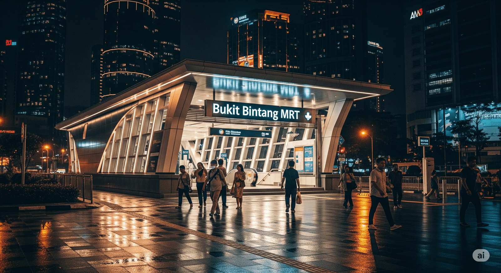 Bukit Bintang MRT station entrance at night for easy access to KL nightlife district
