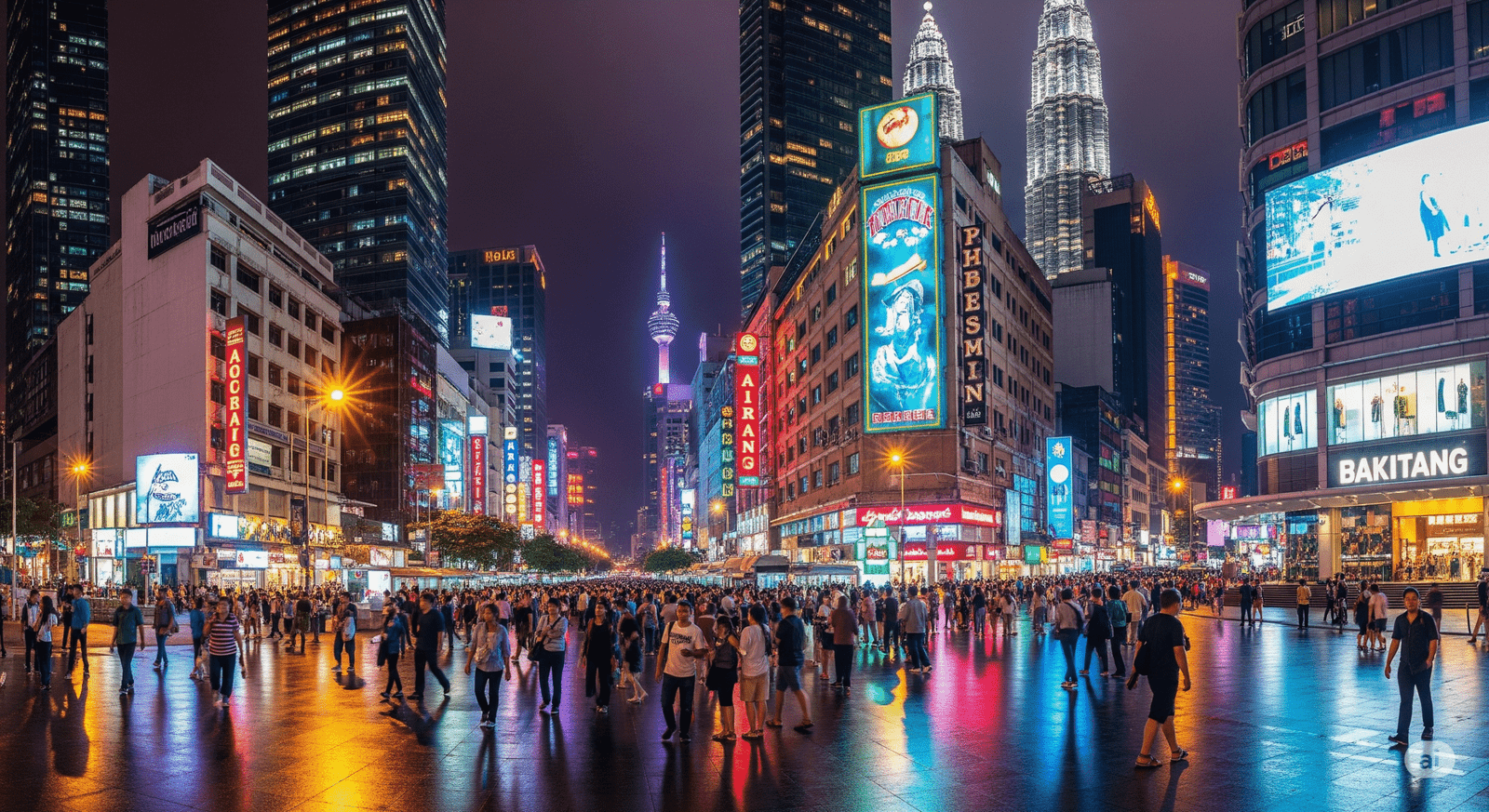 Bukit Bintang nightlife panoramic view with neon-lit skyscrapers and busy streets in Kuala Lumpur