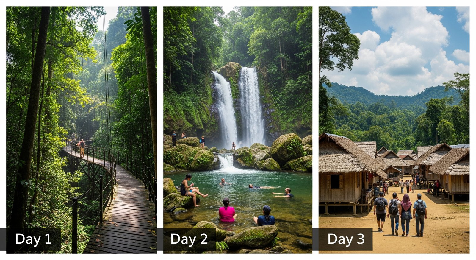 Complete Taman Negara 3-day itinerary showing hiking trails, wildlife activities, and cultural experiences in Mal