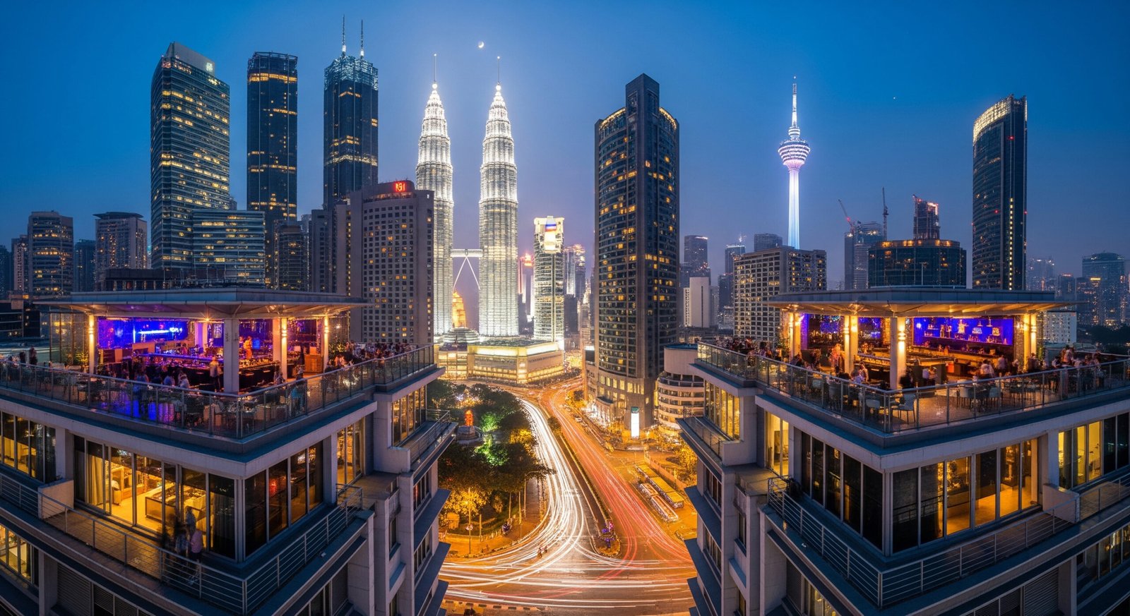 Multiple illuminated skyscrapers showcasing KL's vibrant nightlife ecosystem and rooftop bars in Kuala Lumpur