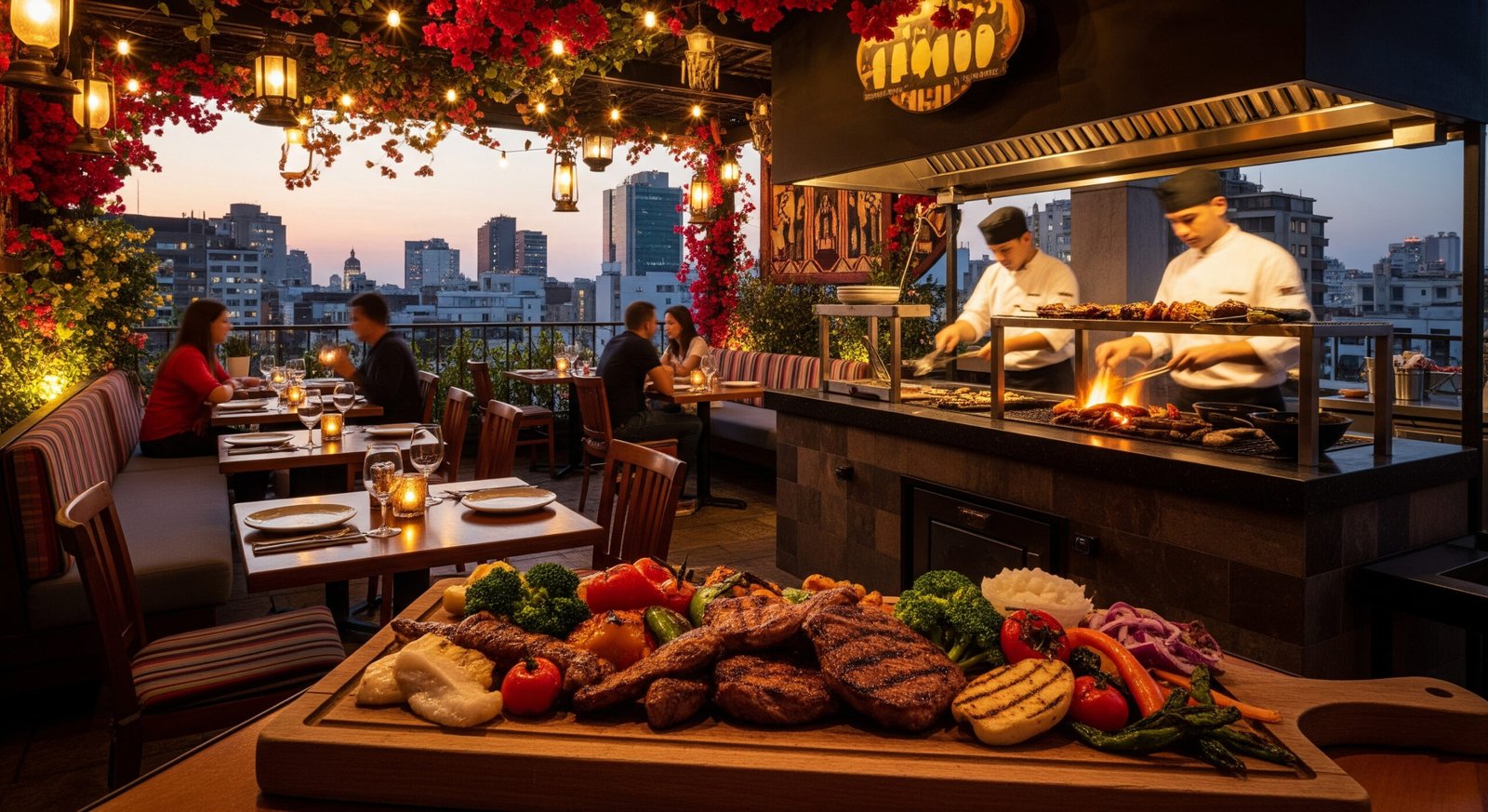 Fuego Troika Latin restaurant combining grilled cuisine with romantic city skyline backdrop