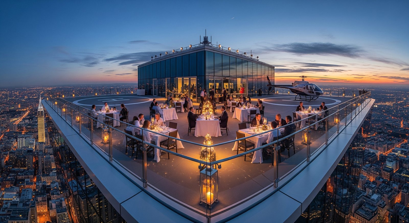 Helipad Lounge open-air deck providing unobstructed 360-degree city views for adventurous diners