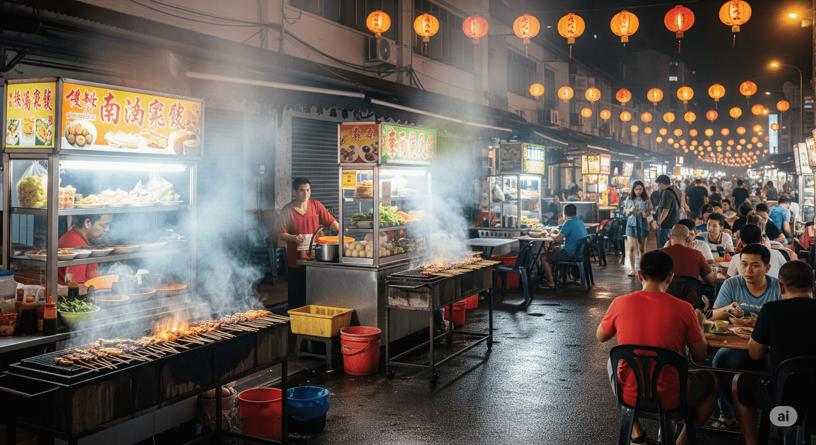 Jalan Alor street food stalls with satay grills highlighting Bukit Bintang nightlife dining
