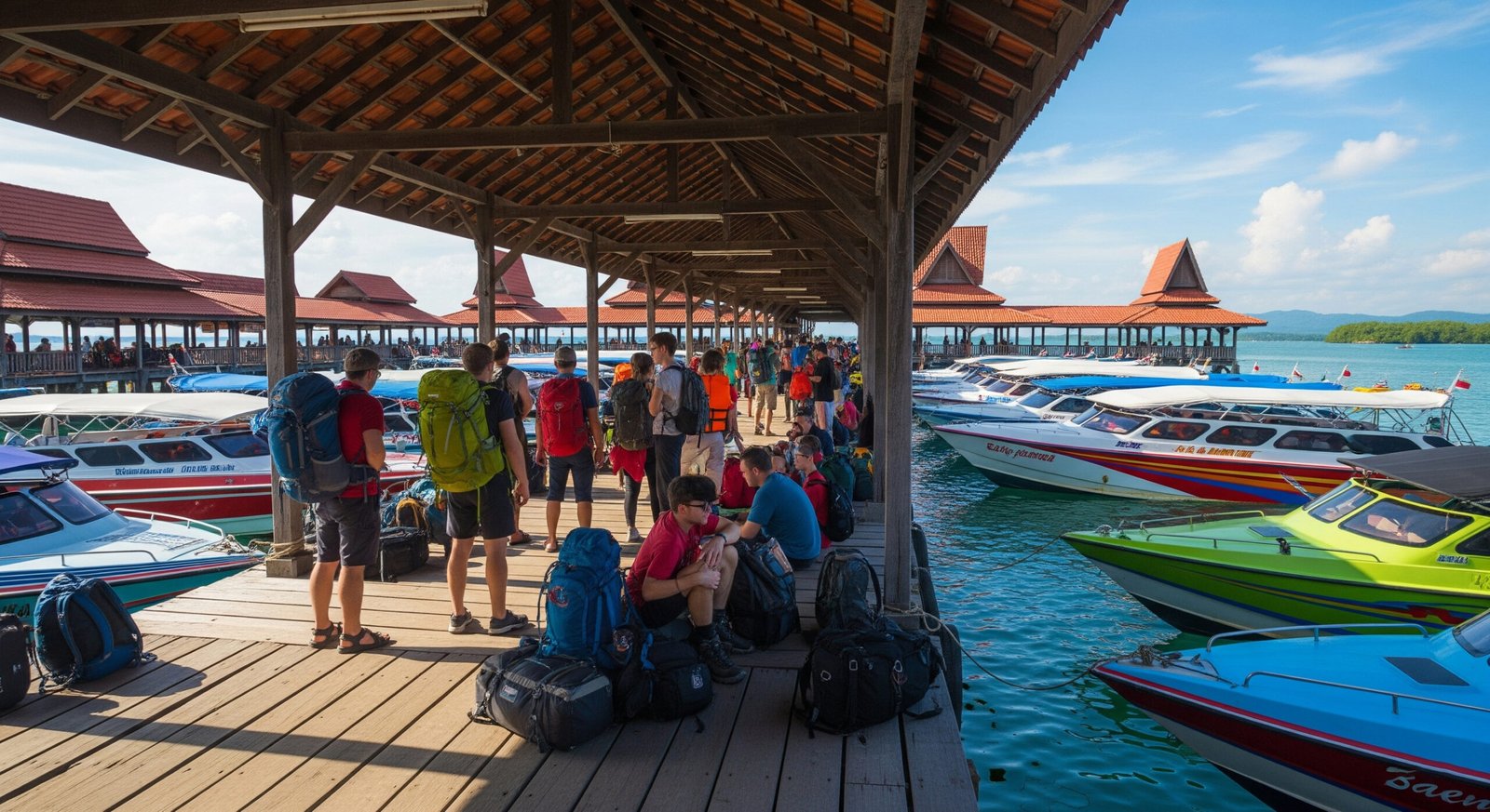 Kuala Besut jetty with speedboats ready to transport visitors to Perhentian Islands Malaysia