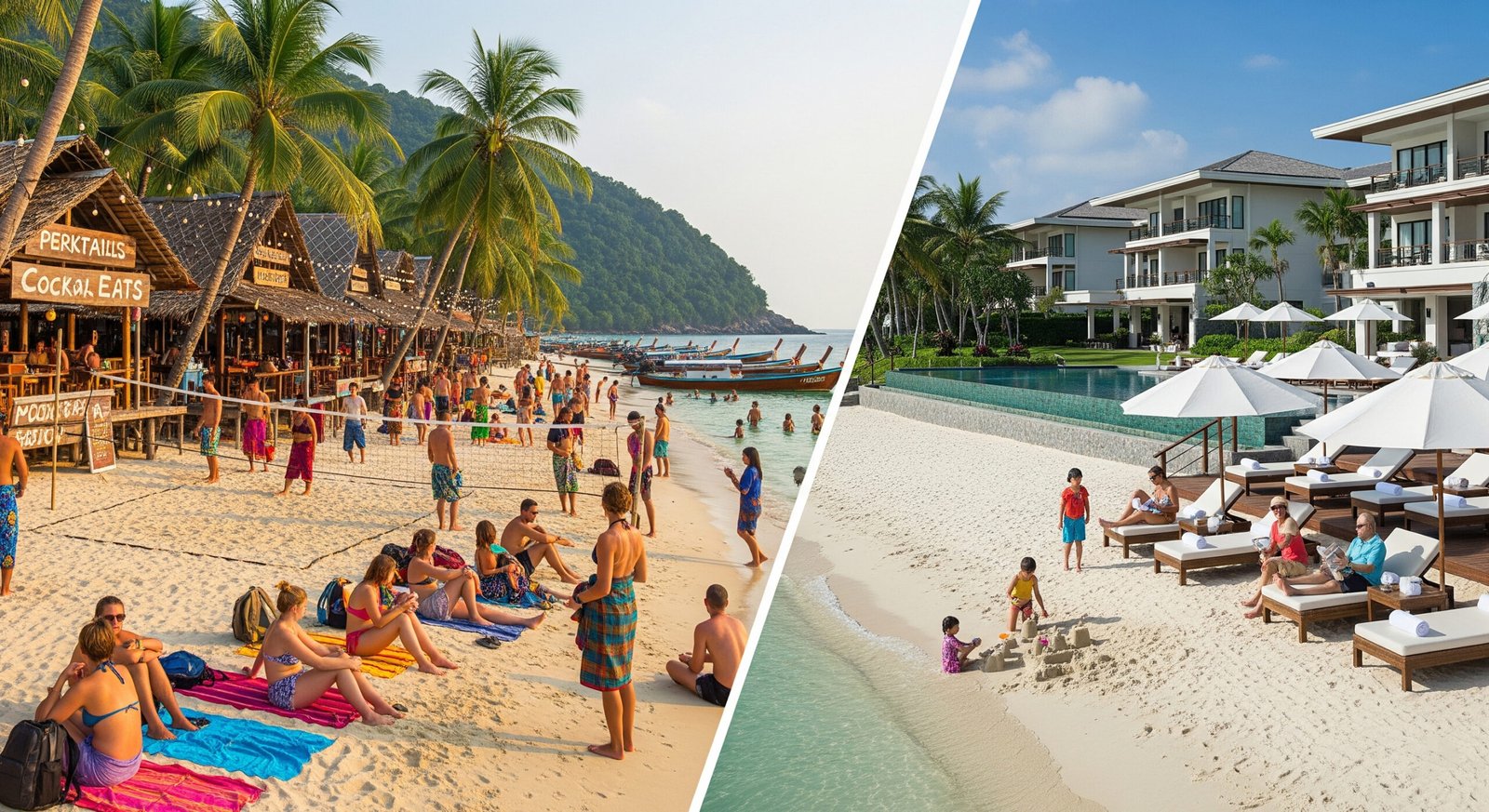 Perhentian Kecil vs Perhentian Besar comparison showing backpacker beach scene and luxury resort Malaysia