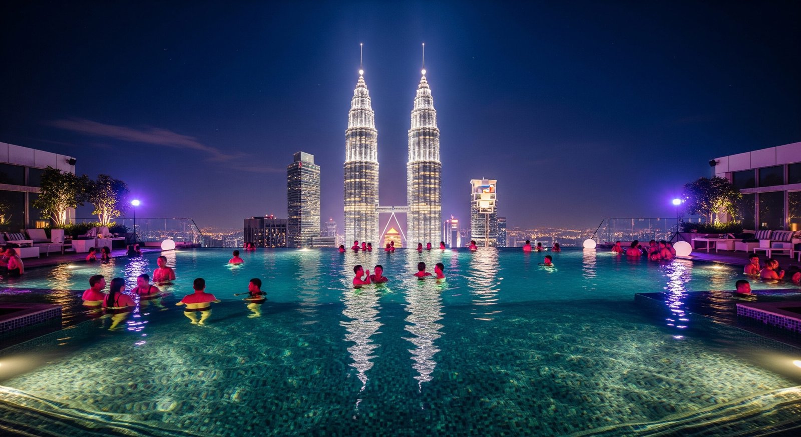 SkyBar infinity pool experience at night with Petronas Tower reflections and party atmosphere