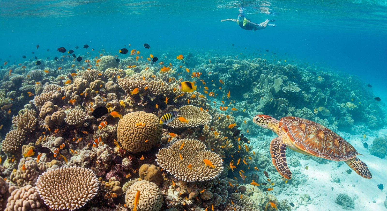 Snorkeling at Perhentian Islands Malaysia coral reef with sea turtle and tropical fish underwater paradise