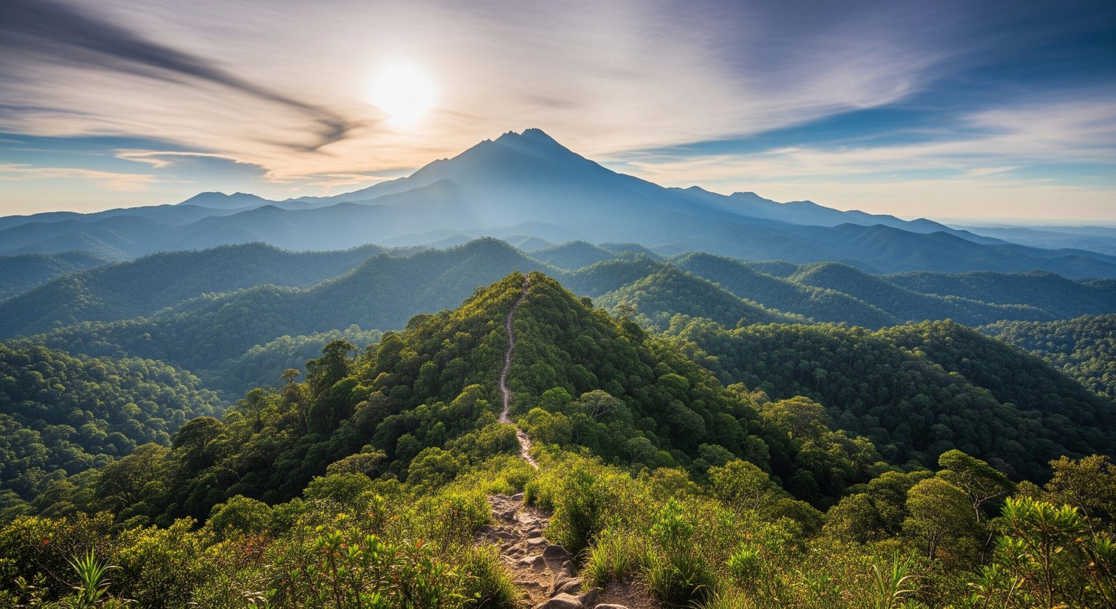 Spectacular view from Bukit Teresek hiking trail in Taman Negara National Park overlooking Malaysian rainforest c