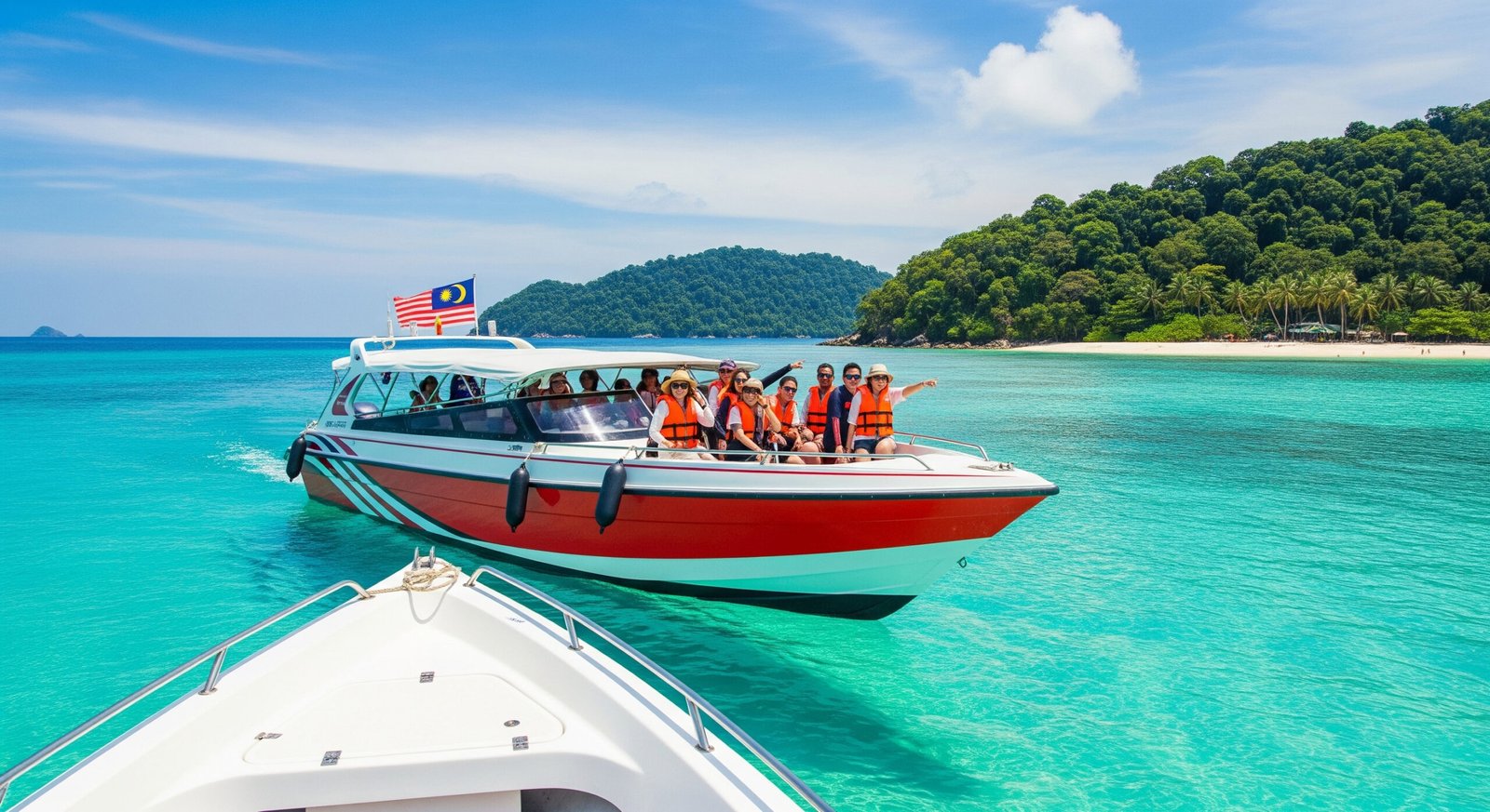 Speedboat approaching Perhentian Islands Malaysia with crystal clear waters and tropical paradise views