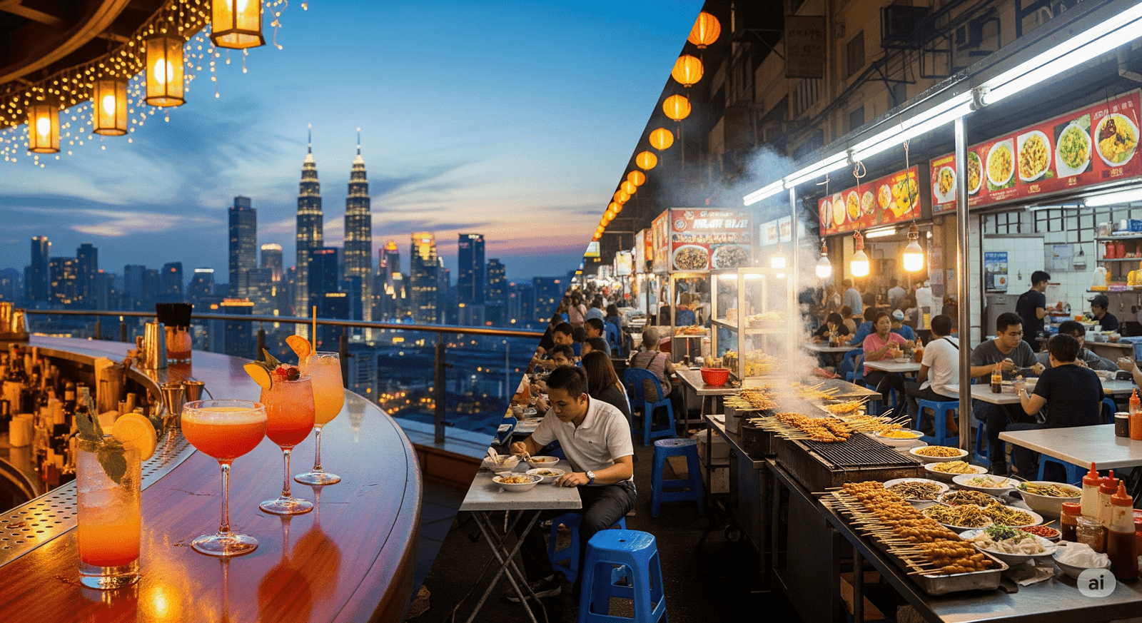 Split scene showing rooftop cocktails and street food representing diverse Bukit Bintang nightlife experiences