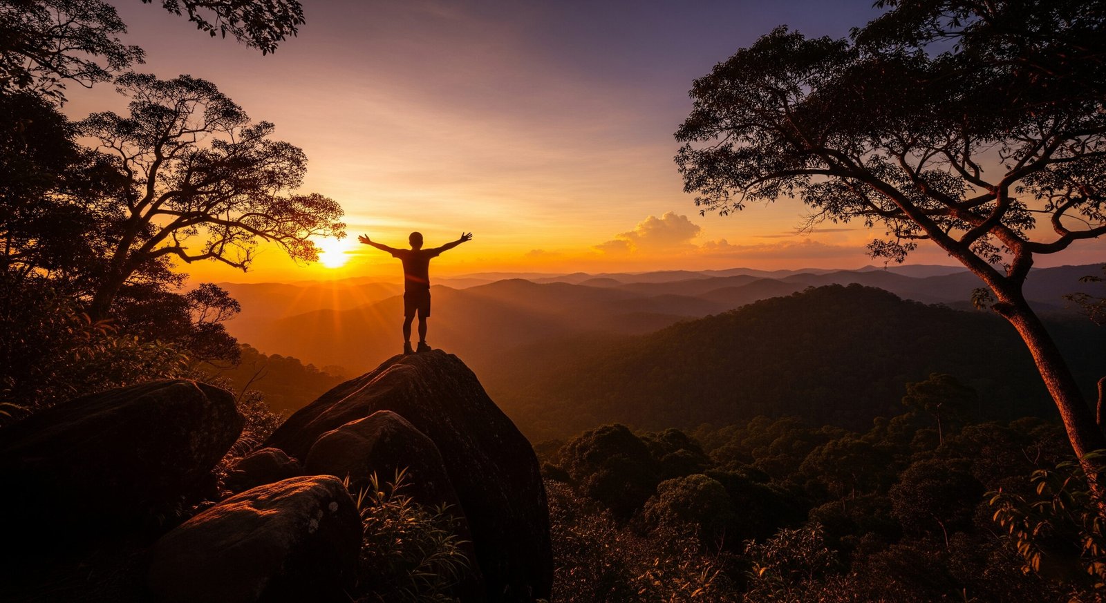 Inspiring sunset view over Taman Negara National Park after successful hiking trails exploration and wildlife enc