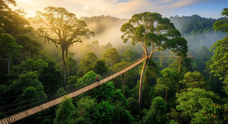 Taman Negara National Park canopy walkway suspended above ancient rainforest with hiking trails visible below in Malaysia's oldest jungle