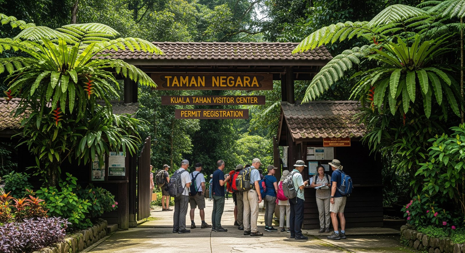 Taman Negara National Park entrance at Kuala Tahan with visitors preparing for hiking trails and wildlife viewing