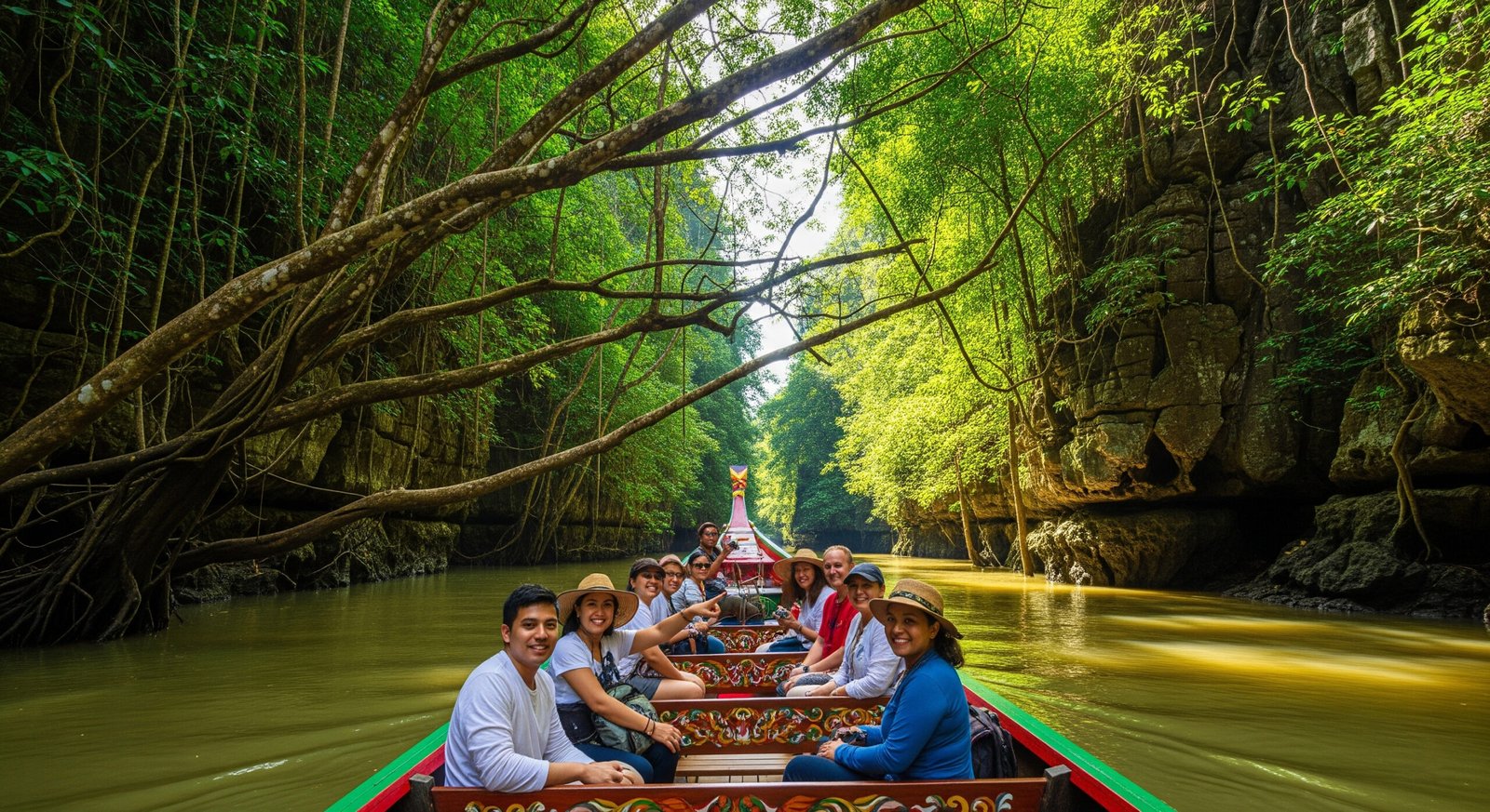 Traditional longboat transport to Taman Negara National Park through scenic jungle rivers for hiking trails acces
